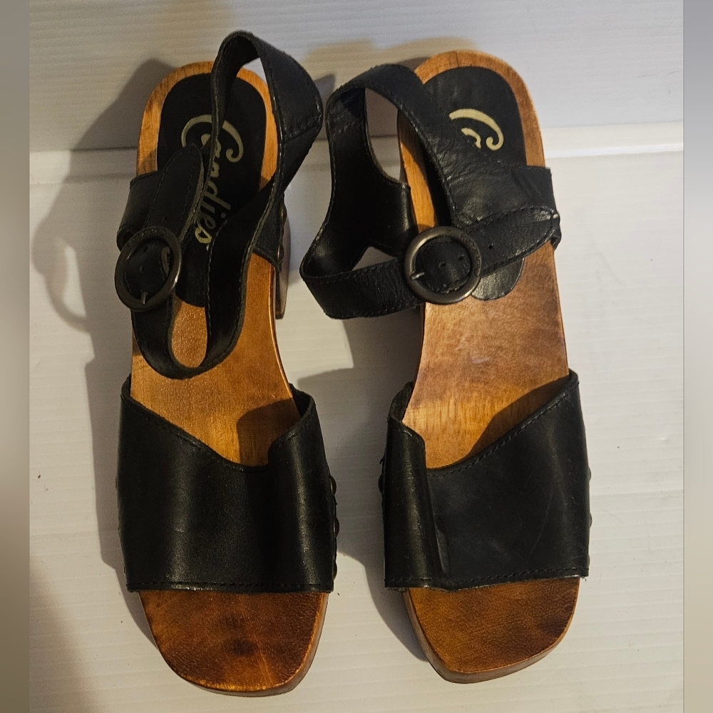 Vintage 90s Candies Black Leather Wood Platform Sandals Chunky Heel Size 8.5 Y2K